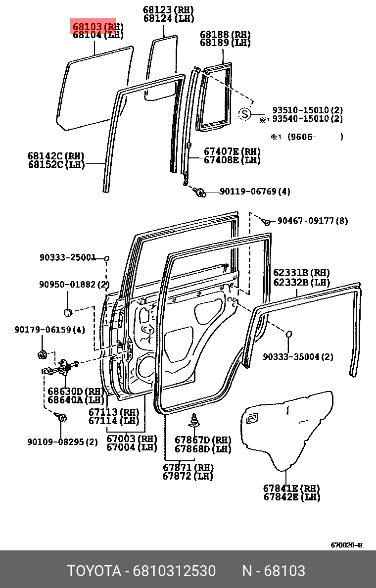 68103-12530 TOYOTA LEXUS GLASS SUB-ASSY RR