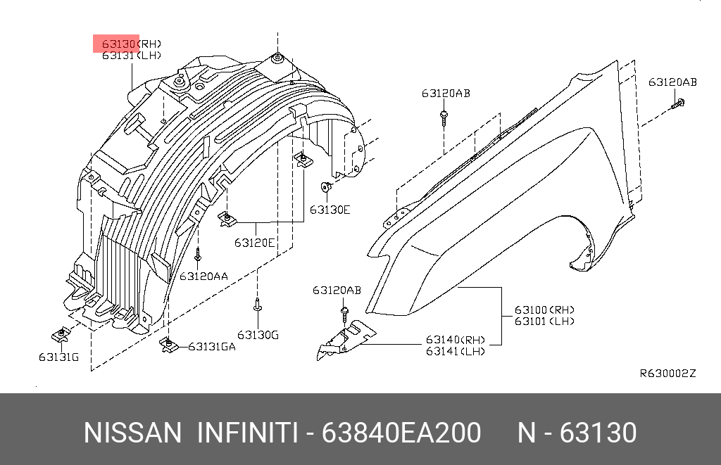 Nissan PATHFINDER 05-12 INNER FENDER CN RH [2] - 63840-EA200